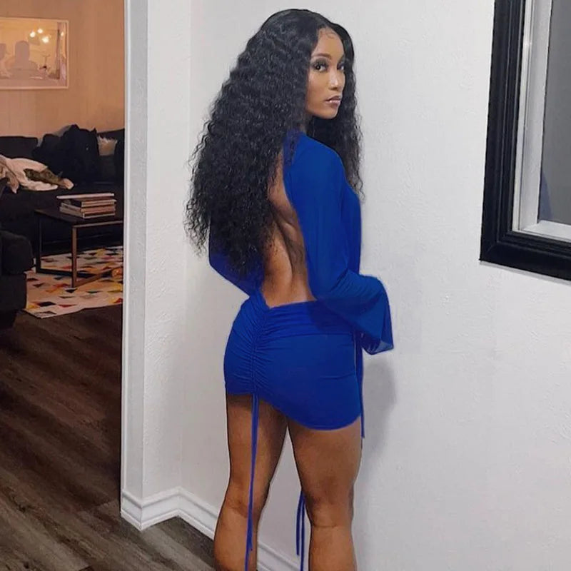 NEW Arrivals 5 Colors Sexy Deep V Neck Sexy Wrapped Mini Mesh Dress Women See Through Backless Long Sleeve Summer Evening Beach Party Night Club Bodycon Dress