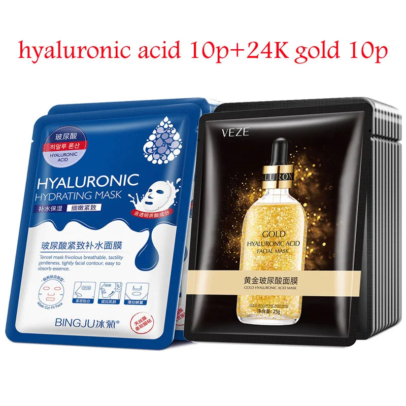 NEW 20PCS Korean Set Snail + 24K Gold + Collagen + Hyaluronic Acid Face Mask Skincare Moisturizing Anti Wrinkle Whitening Facial Masks Face Sheet Mask Korean Skin Care Products