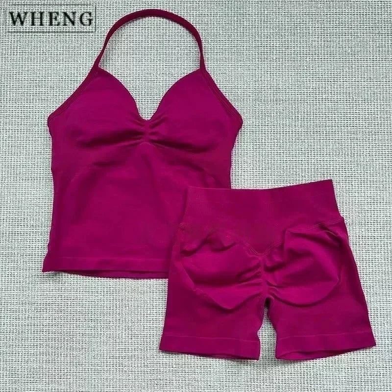 NEW Arrivals 2PCS Set 10 Colors Padded Sleeveless T-Shirt with Halter Collar Hip Pants Summer Sportswear Women Fitness Yoga Pilates Suit Outdoor Hiking Running Sports Clothes