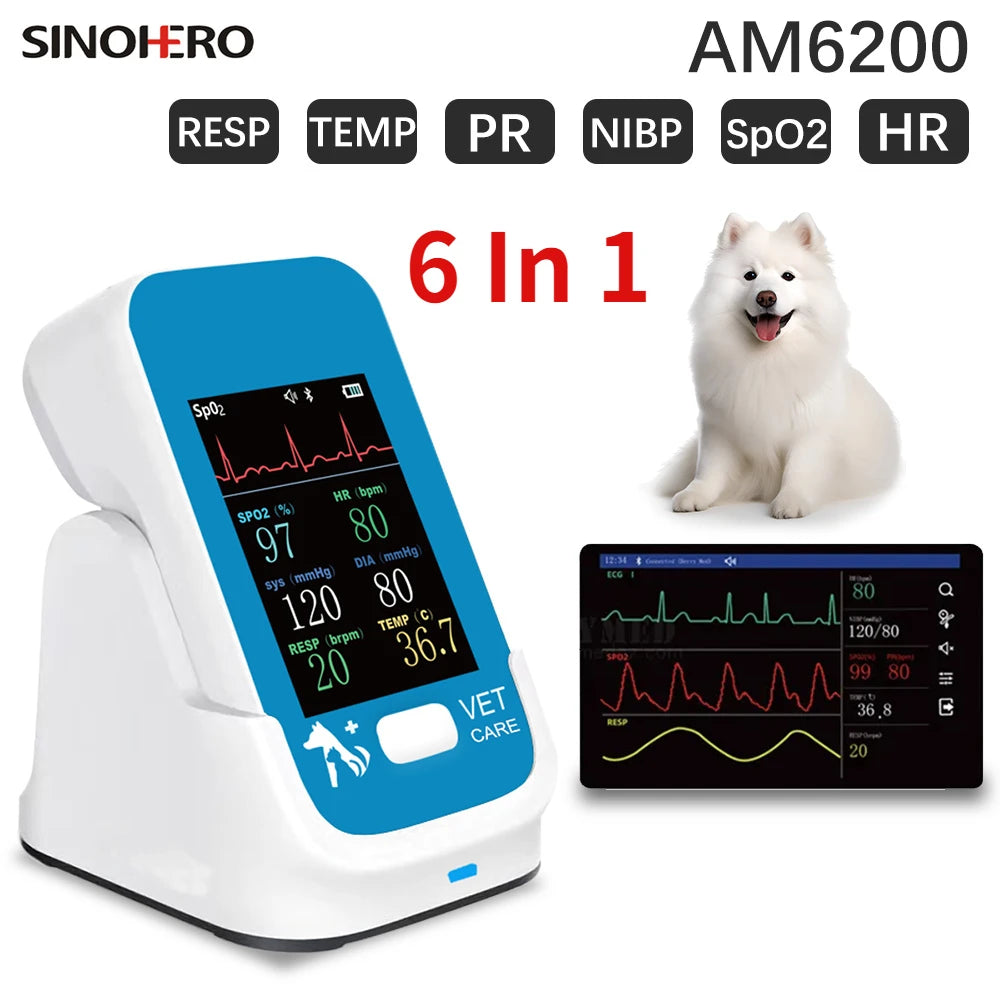 AM6200 Cancer Detector Cardiac Veterinary Handheld Vital Signs Monitor Animal Bluetooth APP Patient Monitor SPO2/HR/Temp/ECG/RR/NIBP Medical Equipment
