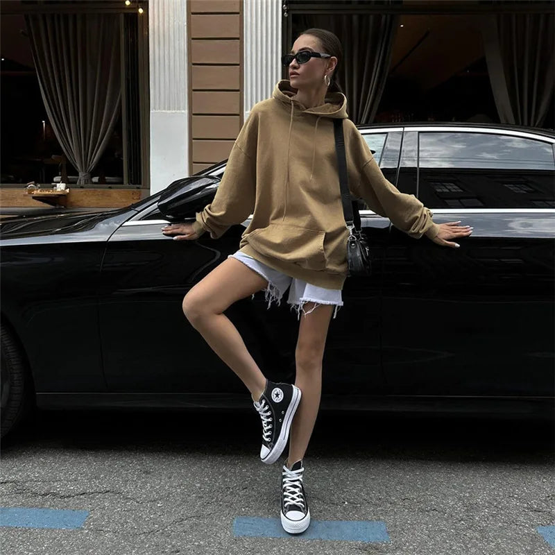 Autumn Women's New Fashion Hooded Letter Hot Diamond Street Trendy Loose Mid length Sweater