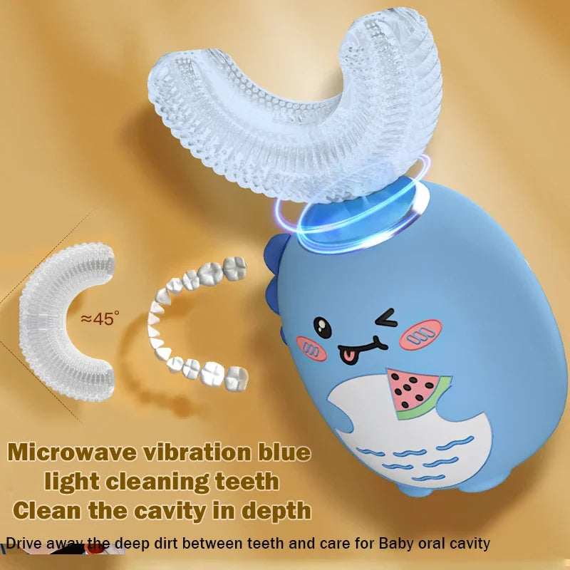 NEW Arrivals Children (3-12Yrs Old) U-Shaped Electric Toothbrush 360 Degrees Smart Cartoon Kids Silicone Toothbrush Automatic Rechargeable Sonic Toothbrush Oral Hygiene Accessories Dental Supplies