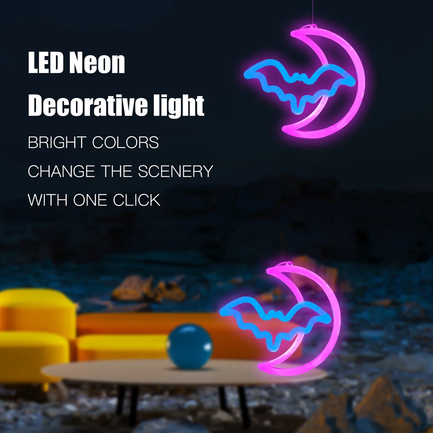 NEW Arrivals 1PC Moon Bat NEON Light, LED Wall Sign, Battery/USB Powered, for Bedroom, Party, Wedding, Birthday Game Room (Batteries Excluded) Home Romantic Decoration Accessories