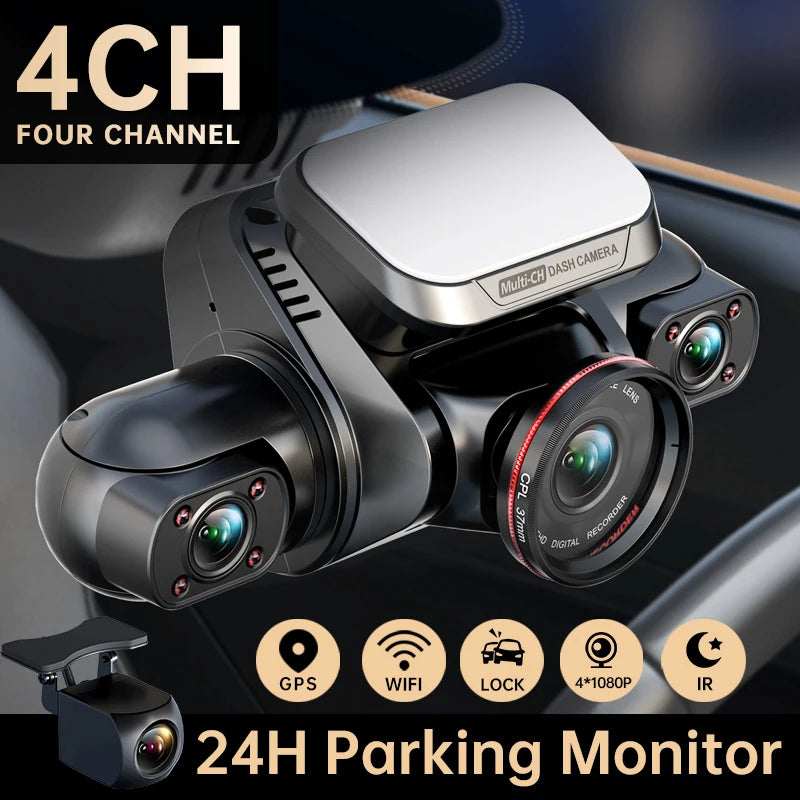 360 4CH GPS Dash Cam M8S 4*1080P for Car WiFi Video Recorder IR Night Vision Support 24H Parking Monitor(64GB Card)