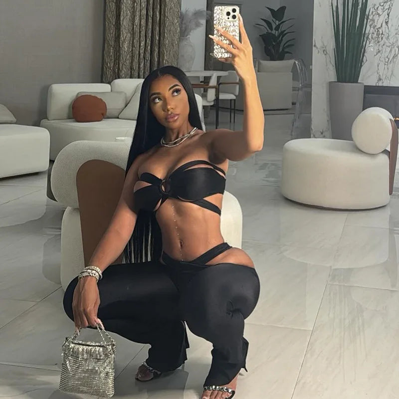 Low-Price Sales are Limited 2PCS Luxury Set Sexy Bandage Hollow Out Flare Pants Women Girls Clothes Night Club Party Evening Beach Party Black Bikini Top- Pants Suit Outfits Streetwear Female Ladies Luxury Sexy Fashion Cloth