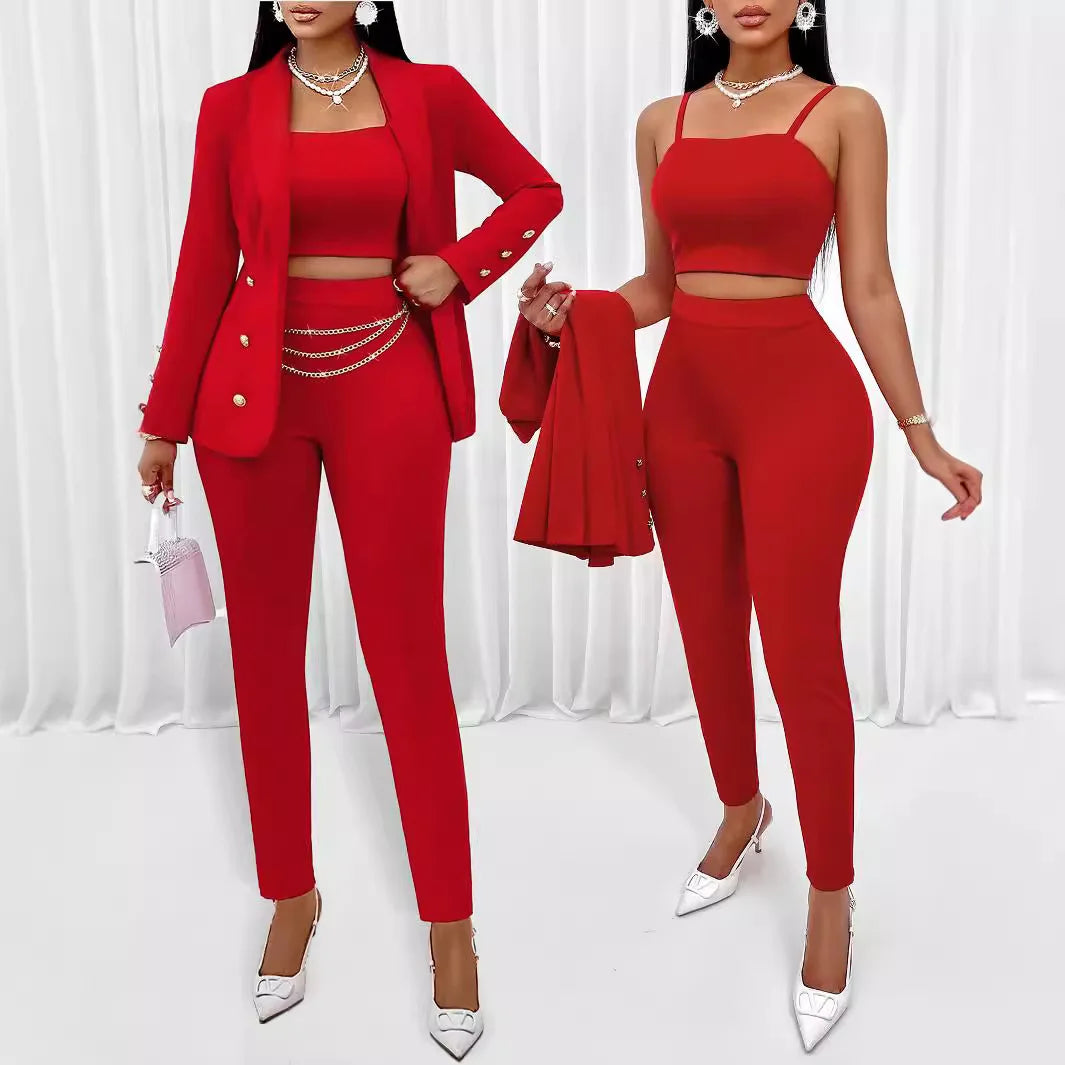 NEW Arrivals 3PCS Set UK S-2XL Size Women Luxury Strapless Y2K Tops Pants Coat Full Sleeve Blazer Turn Down Collar Coats Long Pants High Waist Matching Sets