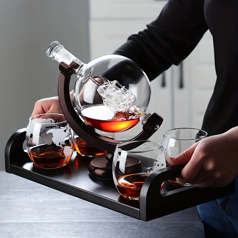 NEW Arrivals Wine Whiskey Decanter Set Globe Wine Aerator Glass Sets Inside Pure Crystal with Fine Wood Stand Liquor Decanter for Vodka Cup Bar Accessories