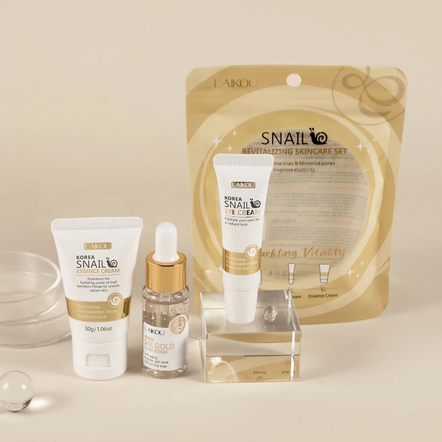 NEW 3PCS Set Korean Snail Luxury 24K Gold Infused Snail Repair Serum Eye Cream Essence Set Moisturizing Smoothing Fine Lines Minimizing Pores Women Beauty Supplies Korean Cosmetic Products