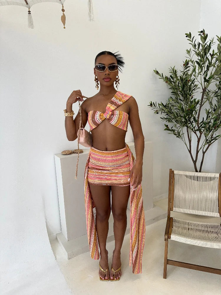 NEW 2PCS Set Sexy Beach Colorful Skirt Women Set Knit Sequin One Shoulder Crop Top Draped Mini Skirts Slim Bodycon Lady Outfits