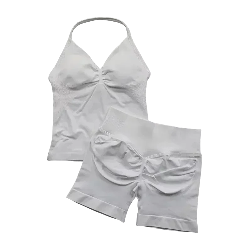 NEW Arrivals 2PCS Set 10 Colors Girls Yoga Gym Set Women's Strap Vest & Shorts Resistance Training Seamless Halter Tank Top Scrunch Butt Lifting Gym Shorts Set