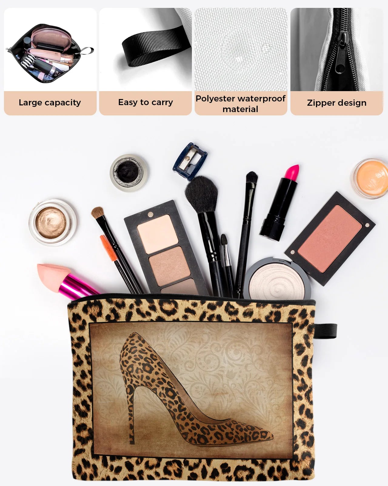 Leopard Luxury High Heels Large Capacity Outdoor Travel Cosmetic Bag Portable Make Up Storage Pouch Women Waterproof Case Cosmetics Accessories Supplies