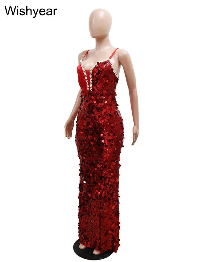Low-Price Sales are Limited Red/Silvery S-2XL New Luxury Celebrity Sleeveless Spaghetti Straps Sequin Patchwork Mermaid Dress Women Wedding Birthday Evening Party Sexy Gown Ladies Luxury Fashion Apparel Supplies