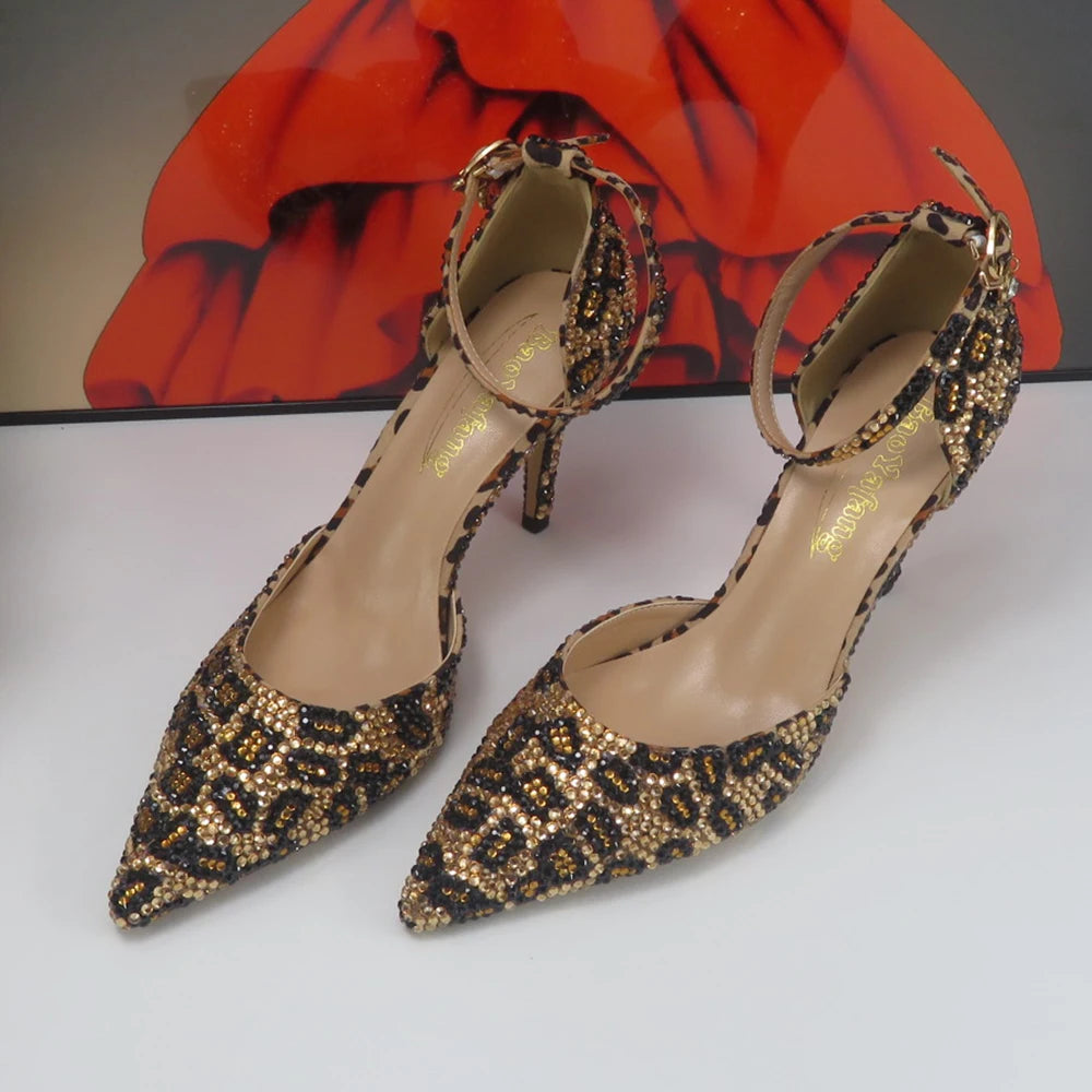 NEW Arrivals Luxury Fashion Pointed Toe Leopard Bridal Shoes Set with Bags Evening Wedding Party Night Business Dinner Summer Sandals Woman Ankle Strap Buckle Shoes Bag Thin High Heels Ladies Luxury Fashion Clothing Supplie