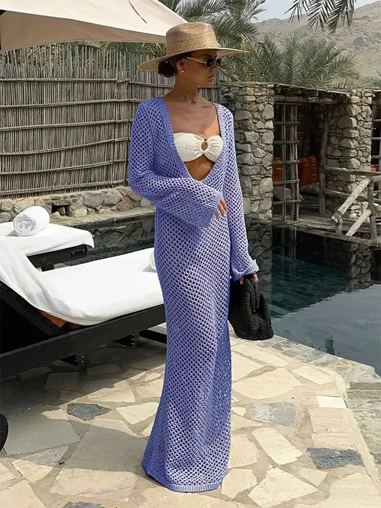 NEW Arrivals UK Size 7 Colors Sexy U-Neck Bell Sleeve Knit Handmade Maxi Dress Summer Women Swimwear Feminine Bikinis Cover-Ups Holiday Crochet Beach Ladies Outfit K21