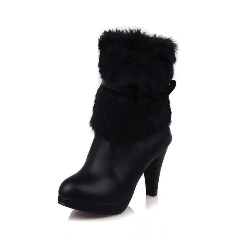 Brand NEW Black/White/Pink Luxury Women Boots Autumn Winter Warm Fur New Sexy Fashion PU Leather Mid-Calf Motorcycle Snow Boots High-Heeled Shoes 369