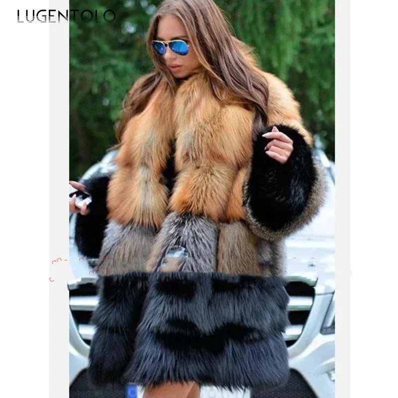 BIG SAVE "S-4XL" Luxury High Quality Women Long Faux Fur Coat Winter Snow Streetwear Fashion Supplies Large Size Thick Warm Fur Jacket Yellow and Black Contrast Stitching Cardigan Cloth Girls Office Ladies Winter Luxury Fashi