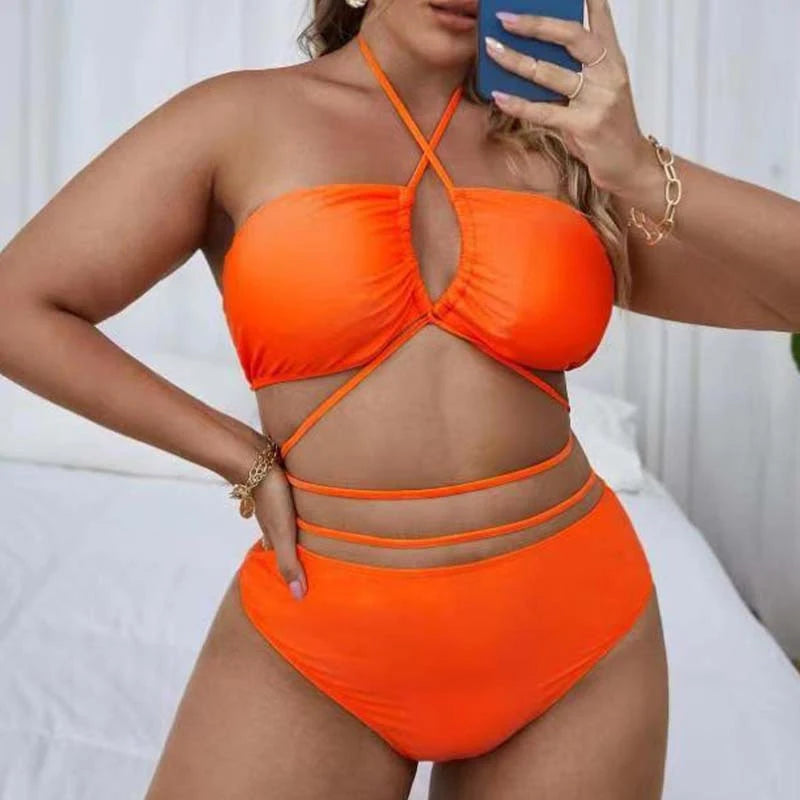 Solid Plus Size Bikini Set Women Sexy Fashion Split Swimwear Beach Style Party Spring Summer High Waist Female Bikini Suit