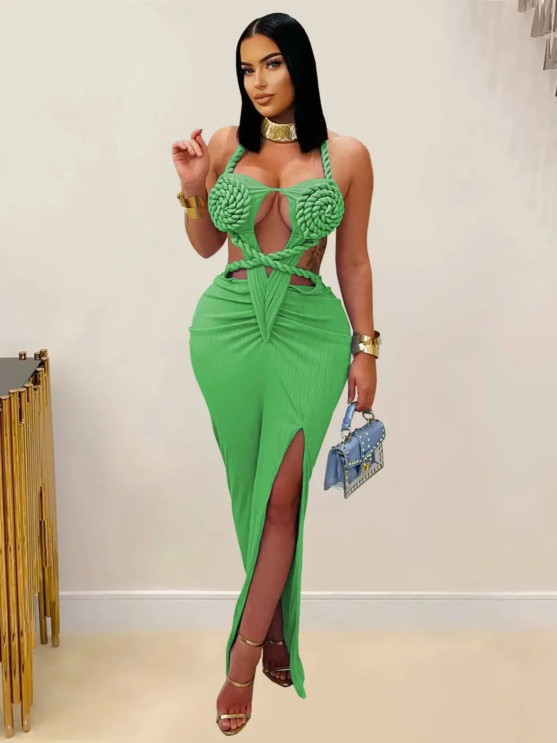 NEW S-2XL UK Plus Size 6 Colors Women's Cut-Out Ruched Maxi Dress Sexy Halter Neck Backless High Slit Bandage Party Dresses Birthday Outfits