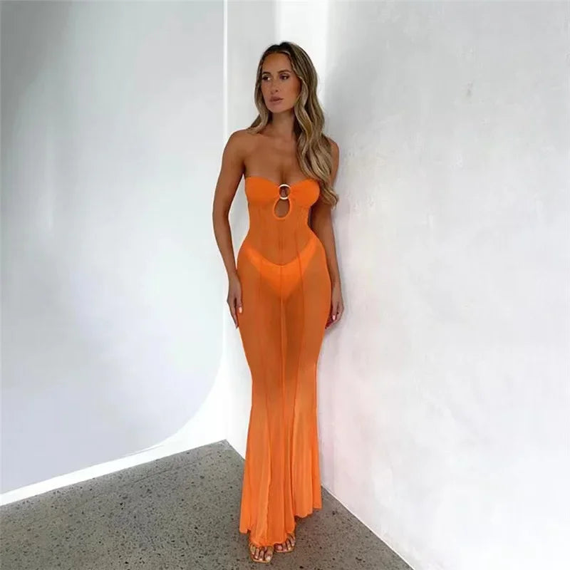NEW 3 Colors Summer Women Mesh Wrapped Chest Dress Sexy See Through Cut Out Slim Coquette Vacation Beach Style Girls Evening Party Night Clubwear Beach Bar Sexy Dress