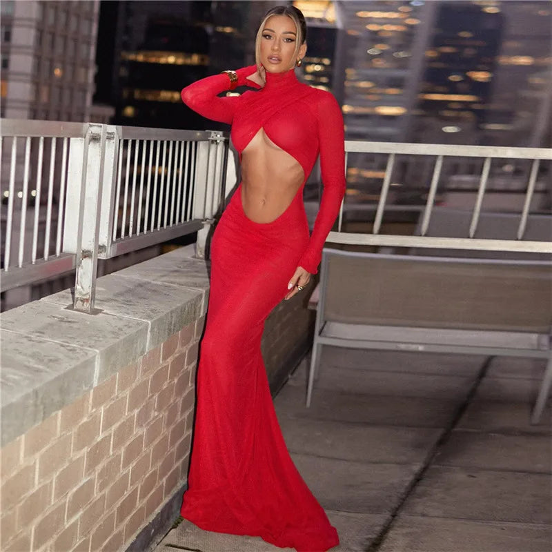 Luxurious Sexy Elegant Red Cut Out Maxi Dress for Women Girls Party Club Outfits Long Sleeve Ruched Sexy Backless Gown Wedding Birthday Dresses Female Ladies Luxury Fashion Clothing Supplies