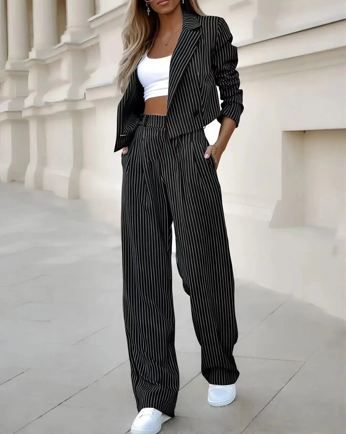 NEW Arrivals 2PCS Set UK S-2XL Size Black/Gray/Blue Women's Blazer Casual Striped Short Lapel Suit And Straight Pants + Jacket Suit Women's Streetwear Evening Party Night Club Suit