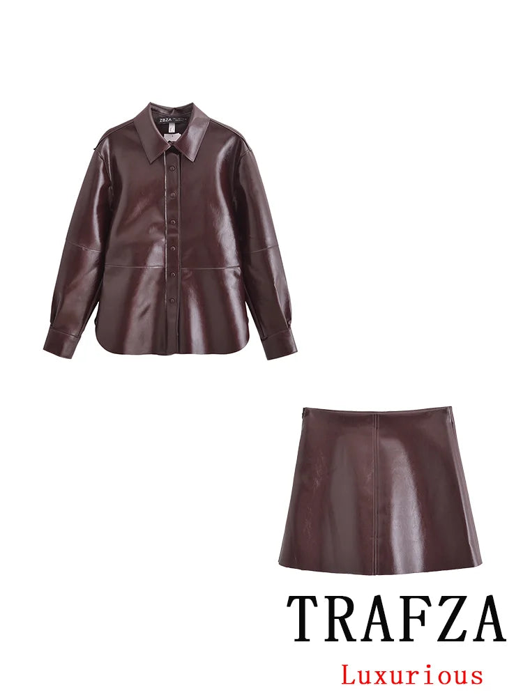 NEW Arrivals 2PCS Set UK Size Luxury Vintage PU Leather Women Suit Long Sleeve Turn-Down Collar Jackets Straight Mini Skirt Fashion Autumn Winter Suit