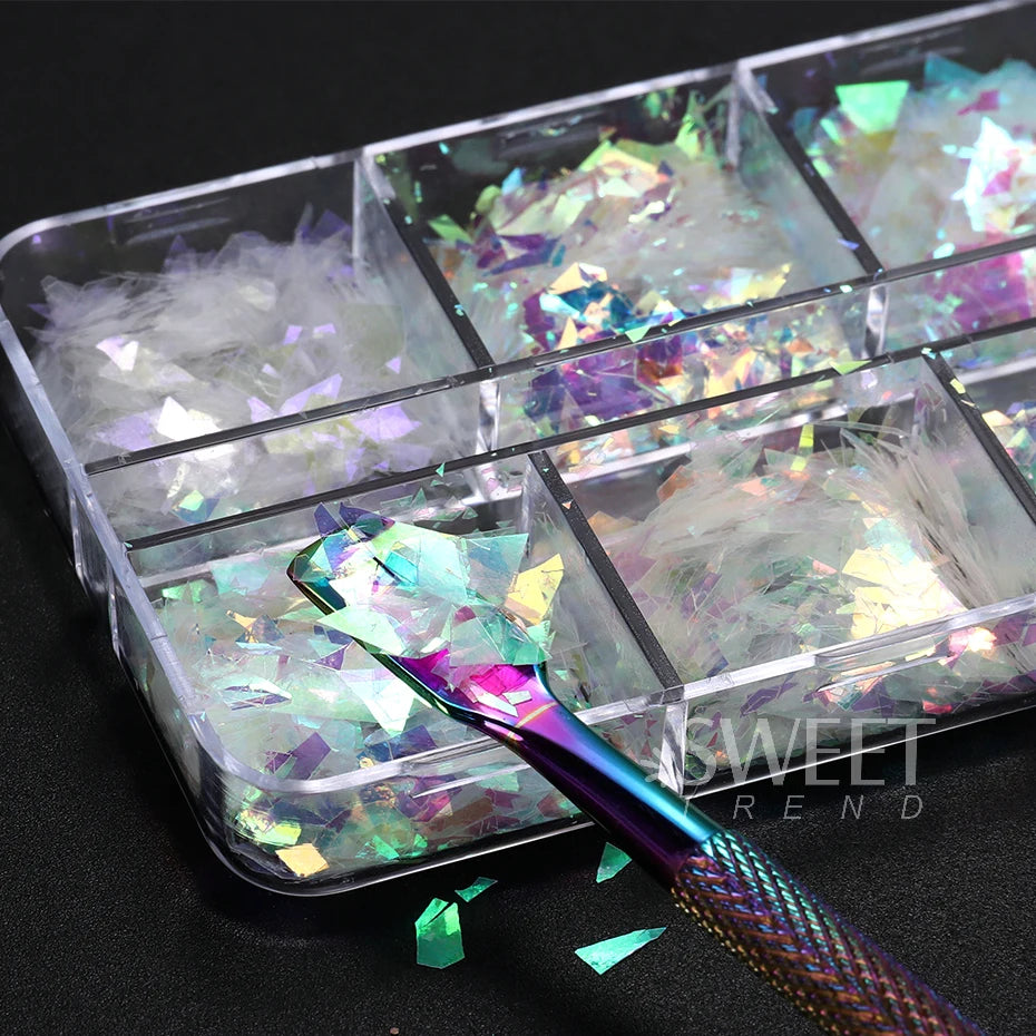 6 Grids AB Iridescent Nail Glitter Flakes Irregular Aurora Sparkle Sequin Crystal Glass Fairy Paillette DIY Manicure Decor Slice