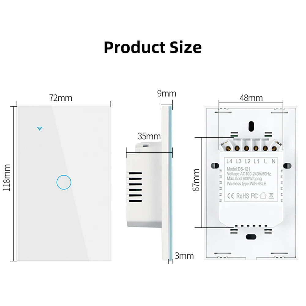 Tuya WiFi Smart Light Switch Neutral Wire Required Wall Touch Switch US Smart Life Work with Alexa Google Home 1/2/3/4 Gang