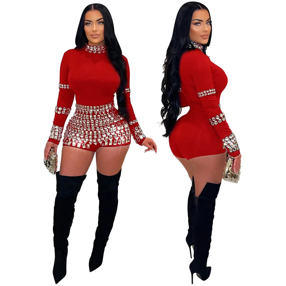 NEW Arrivals Women Ladies Diamonds Hot Rhinestones Long Sleeve Short Jumpsuits Summer Sexy Beach Party Club One Piece Suit Rompers Playsuits Female Girls Luxury Fashion Clothing Products