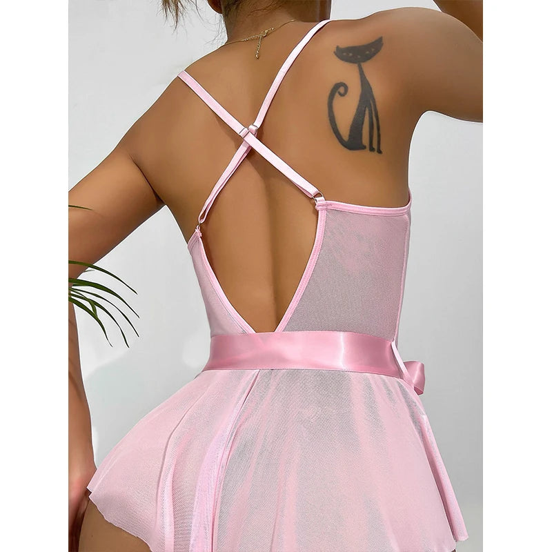 Sexy Lingerie Lace Transparent One Piece Bodysuit For Women Hollow Out Underwear Lace Up Teddy Erotic Lingerie Babydoll Leotards
