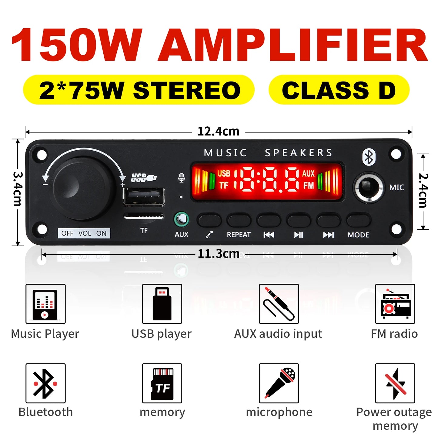 Bluetooth 5.0 MP3 Decoder Board 2*75W 80W Amplifier Audio Player 12V DIY MP3 Player Car FM Radio Module TF USB Mic Record Call