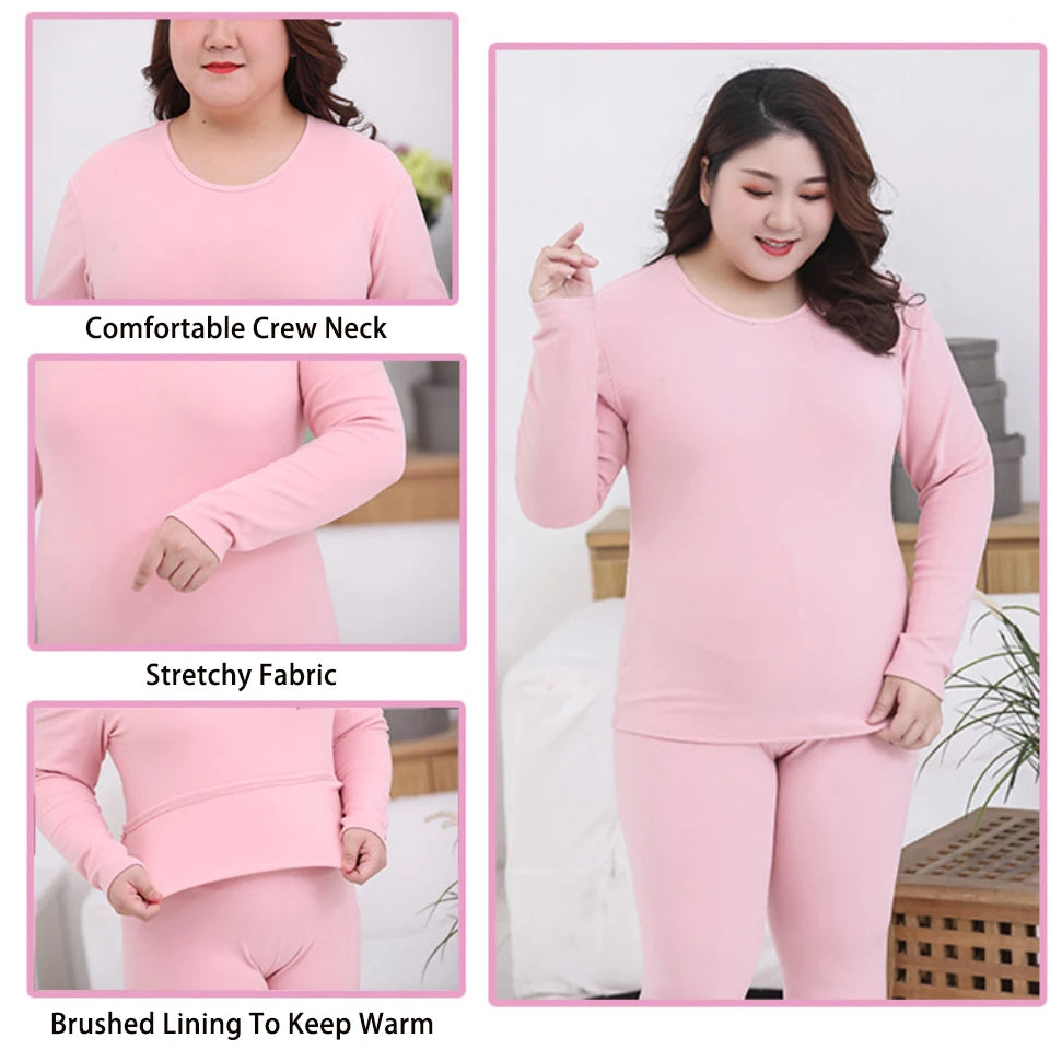 XL-6XL Plus Size Thermal Set Curvy Women Long Johns Set Solid Warm Thermal Underwear Thermal Long Sleeve Pants Pajamas Set Winter Home Clothes