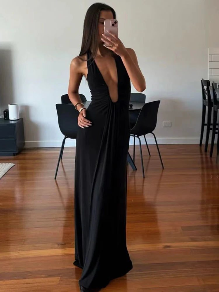 NEW Arrivals UK Size White/Black/Brown Deep V Neck Halter Long Dress Female Elegant Ruched Ribbon Splice Summer Evening Beach Party Night Club Outfit Ladies Sexy Slim Sleeveless Maxi Dress