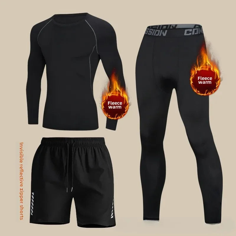 NEW 3PCS Set S-3XL(95Kg+) Men's Thermal Plush Base Layer Set Winter Thickened Cycling Morning Running Training Quick Drying Clothes Fitness Tight Sports Men's Sweats Set