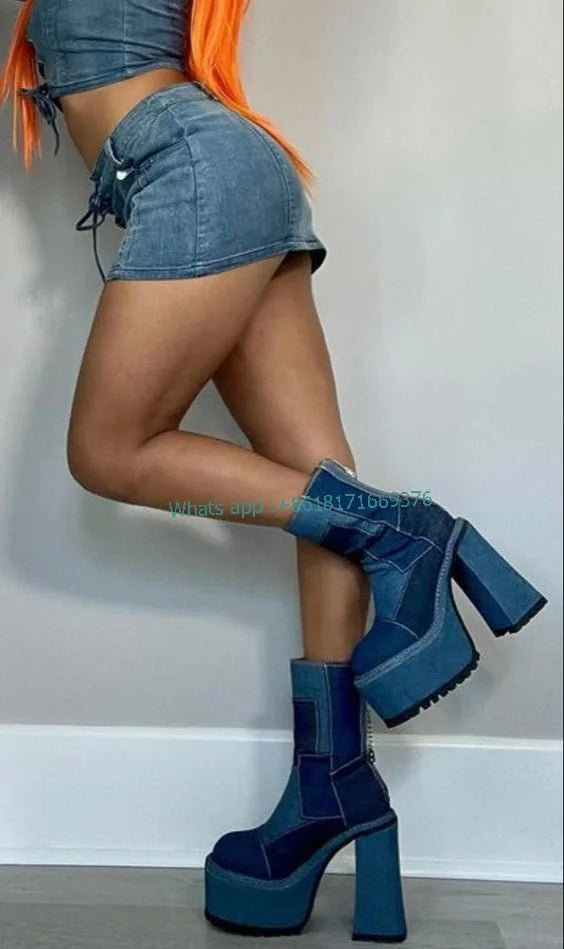 Denim Platform Chunky High Heel Blue Zip Boots Women Round Toe Cute Ankle Booties Lady Dress New Shoes 2022 New zapatillas mujer