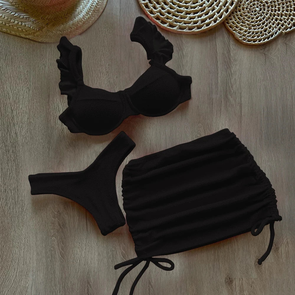 Solid Wavy Fabric Low Waist Bikini Set Cover Up Swimsuit For Women Push Up Ruffle Three Pieces Swimwear Beach Bathing Suits