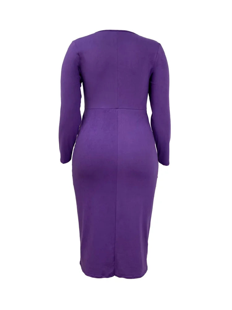 NEW Arrivals XL(18)-5XL(26-28) UK Plus Size Sexy Spring Summer Purple Dress Chubby Women Bodycon Stretch V-Neck Hollow Out Elegant Long Sleeve Summer Evening Party Maxi Dress