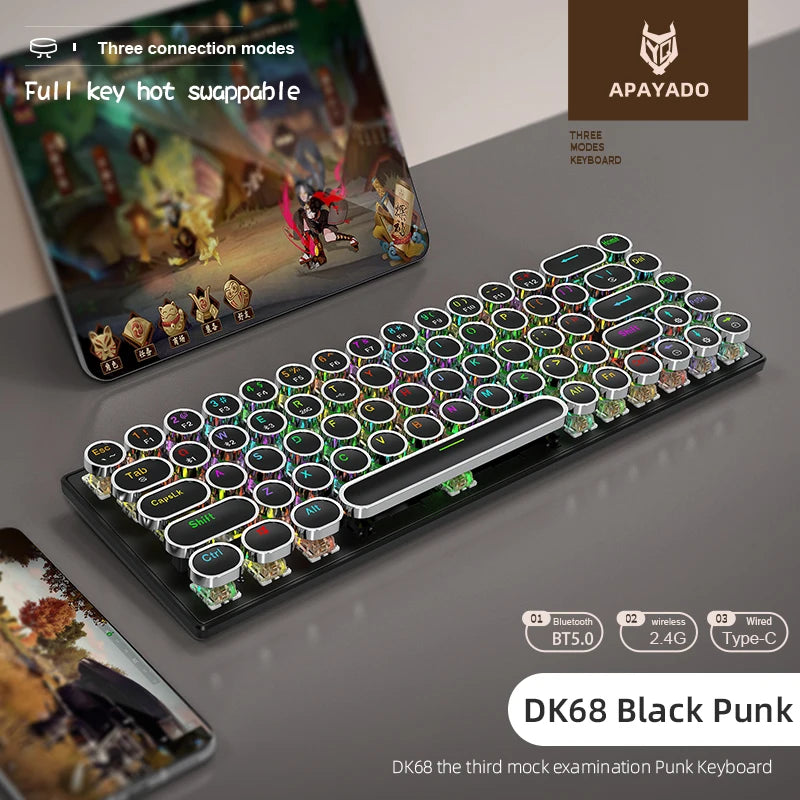 DK68 Punk Mechanical Magic Keyboard Wireless APAYADO Dynamic RGB Lighting,68Keys Bluetooth Tri-Mode Connection,Full-key Hot-Swap Computer Laptop Accessories Supplies Electronics Products