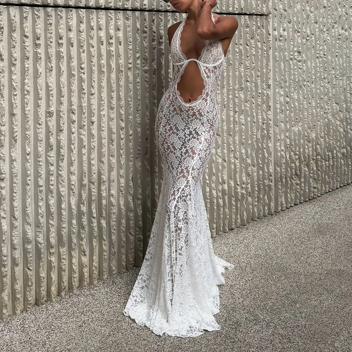 NEW Women's Handmade Sexy Lace Hollow Sexy Halter Dress Stylish Solid Mesh Lace Floral See Through Slim Fit Long Bodycon Fishtail Dress