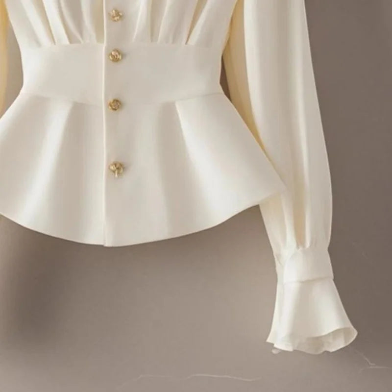 NEW Arrivals S-XL UK Size Luxury French Elegant White Chiffon Blouse Women Pleated Spliced Slim Shirt Design Button Flare Sleeve Top Spring Autumn 050A