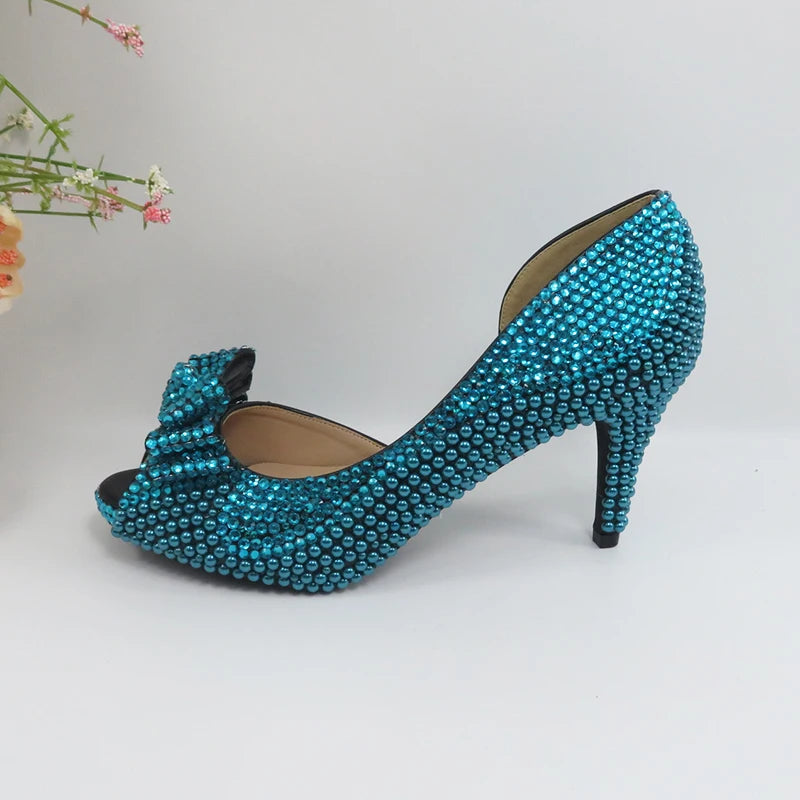 New Arrival Teal Luxury Blue Crystal Women Wedding Shoes Set with Matching Bags Peep Toe High Heels Pumps Open Toe Shoes and Purse Evening Party Night Business Dinner Apparel Accessories Ladies Luxury Fashion Clothing Suppl