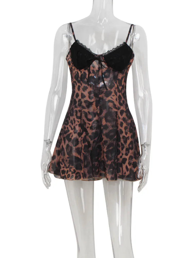 Brand NEW UK Size Sexy Spring Leopard Women's Mini Dresses Camisole Sleeveless V-Neck Slim Fit Lace Bows Backless Streetwear Bodycon Summer Evening Beach Party Night Club Dress