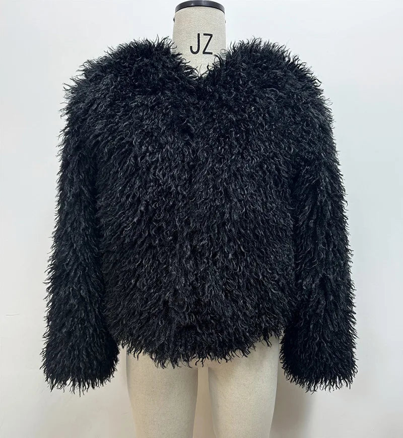 S-XL UK Size 4 Colors Fashion Brown Faux Fur Coat Women's Round Neck Loose Long Sleeves Thick Plush Short Jacket Winter New 7A1041