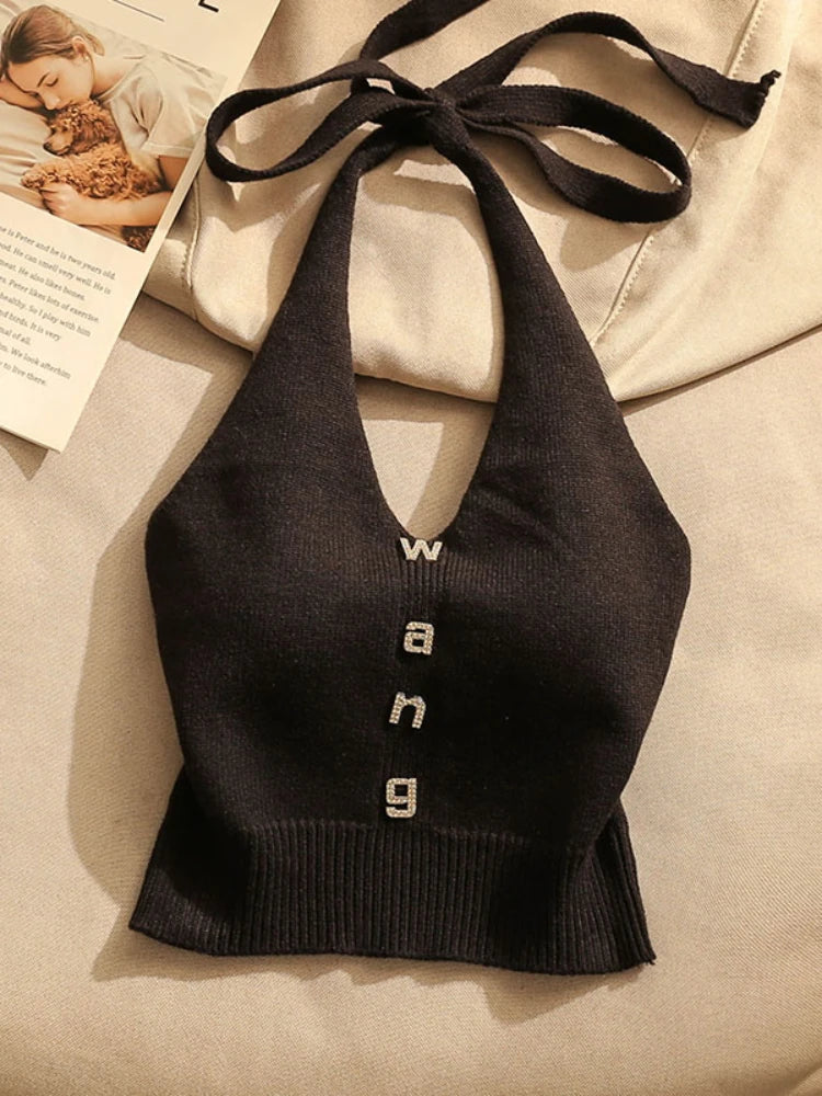 NEW Arrivals Sexy Cross Vest Crop Tops Women Sports T-Shirt Knitted Off Shoulder V-Neck Solid Backless Tank Vest Halter Y2K Top Camisole