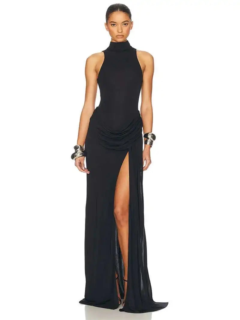 White Black Color UK Size Turtleneck Off-Shoulder Sleeveless Thigh Split High Waist Pleated Maxi Dress For Women Elegant Fashion Club Party Dress
