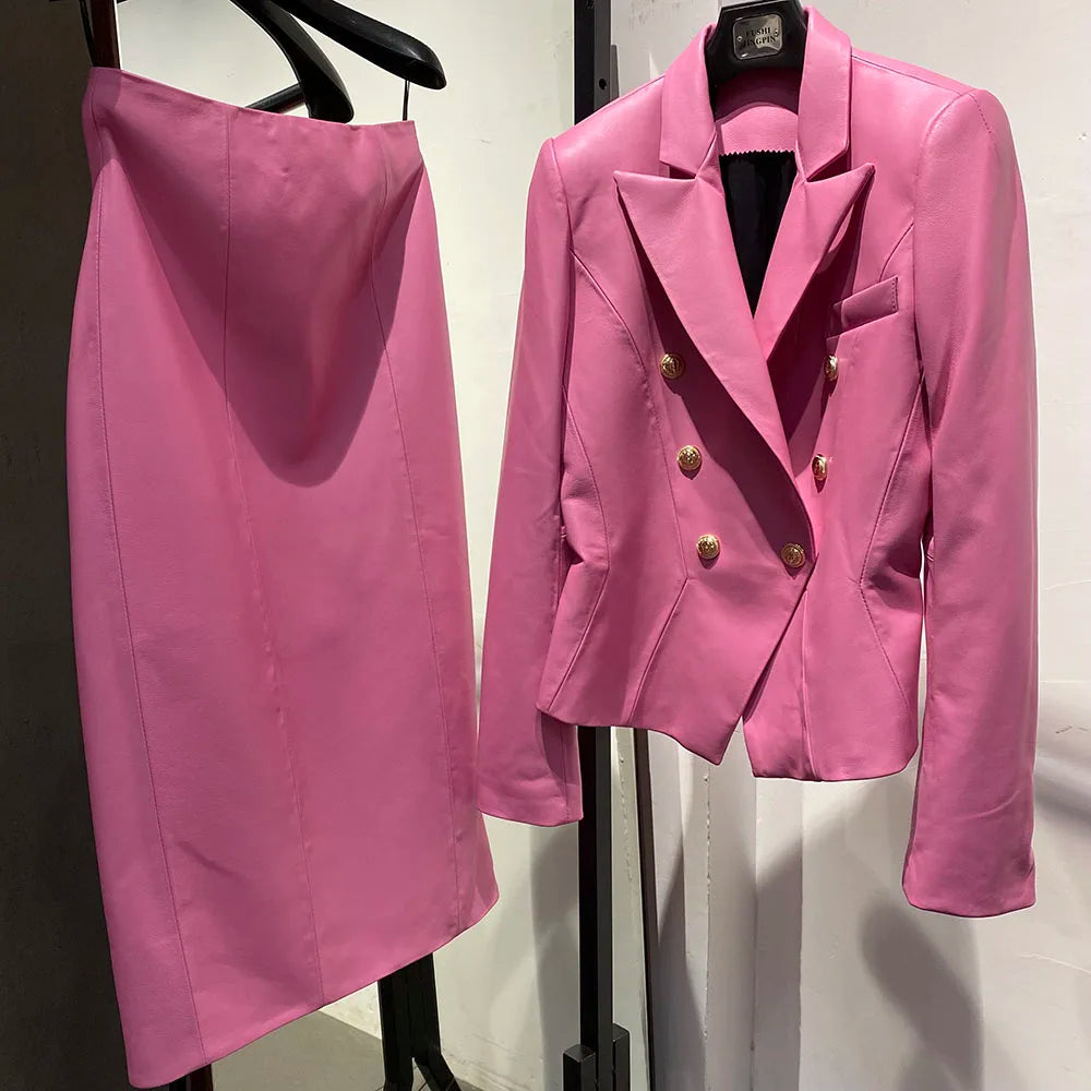 YOLOAgain 2024 Spring New Elegant Real Leather Blazer Skirt Sets Women Genuine Leather Jacket Ladies