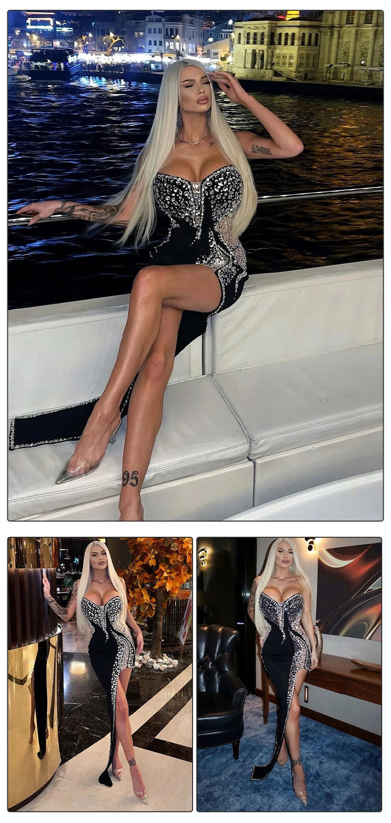 NEW Celebrity Red Carpet Party Dress Woman Black Strapless Dress Luxury Crystals Embellished Mesh Splicing Design Bodycon Bandage Long Evening Party Wedding Birthday Guest Luxury Dress