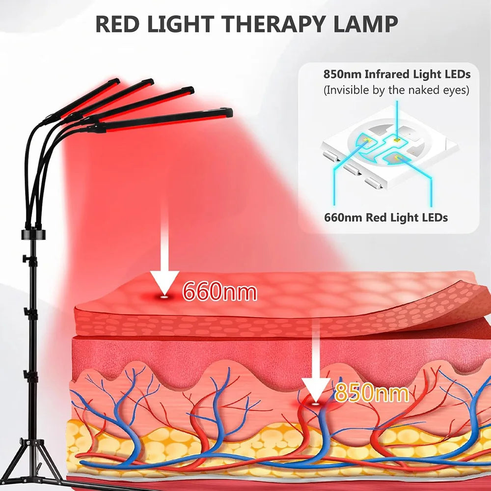 NEW Arrivals 4 Head Set Red Light Therapy Lamp Infrared Light W/Timer Adjustable 660nm 850nm Near Infrared Light for Body Pain Relief Skin Care Health Care Supplies