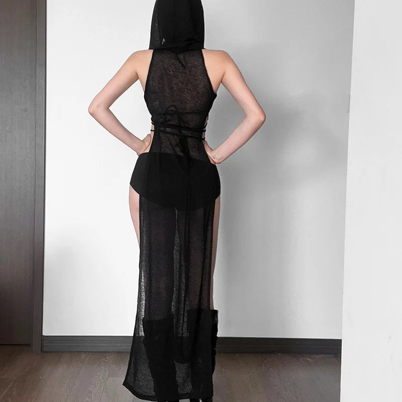NEW Arrivals UK Size Sexy Punk Gothic Dress Women Vintage Streetwear Cyber Y2K Mesh Hollow Out Sleeveless Hooded Cut Out Butt Dress EMO Alt Grunge Clothes