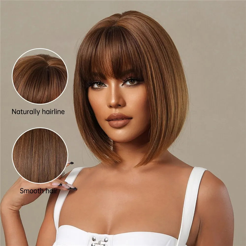 Honey Brown Short Bob Wig With Bangs Synthetic Heat Resistant Wig Natural Hair Looking
